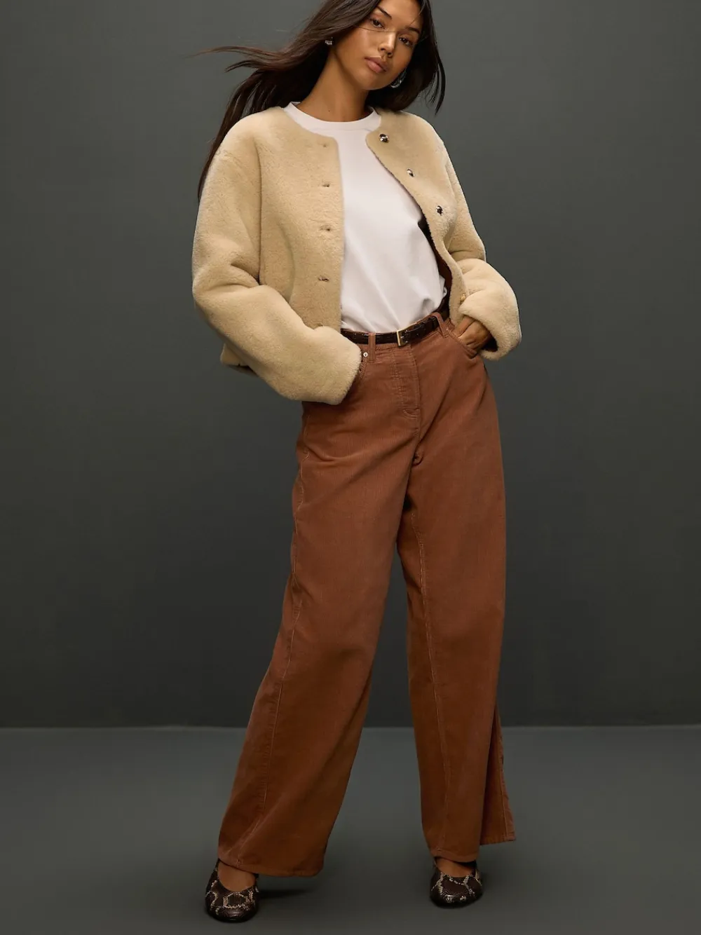 Next Cord Wide Leg Trousers Tan Brown New