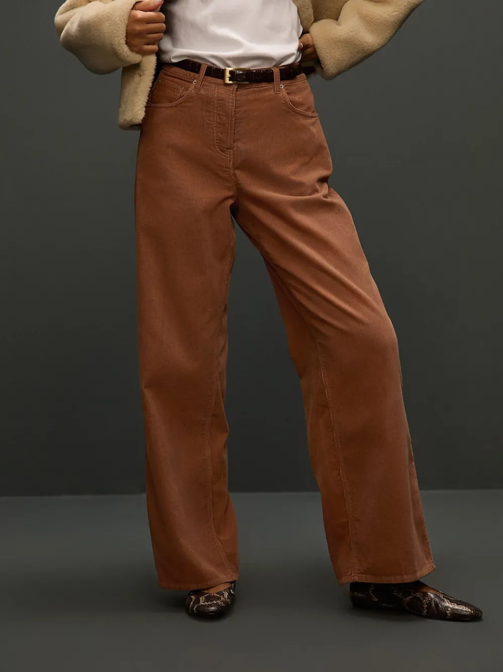 Next Cord Wide Leg Trousers Tan Brown New
