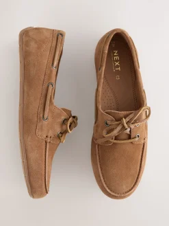 Next Tan Brown Extra Wide Fit Leather Round Toe Boat Shoes Sale