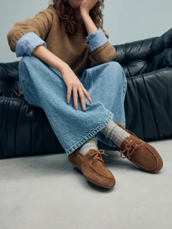 Next Tan Brown Extra Wide Fit Leather Round Toe Boat Shoes Sale