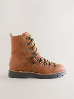 Next Forever Comfort® Buckle Trim Lace Up Boots Tan Brown Leather New