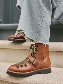 Next Forever Comfort® Buckle Trim Lace Up Boots Tan Brown Leather New