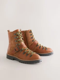 Next Forever Comfort® Buckle Trim Lace Up Boots Tan Brown Leather New