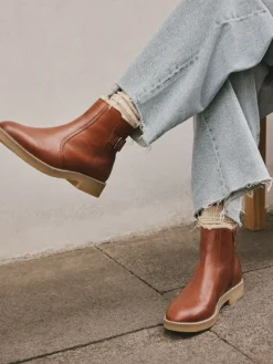 Next Forever Comfort® Faux Fur Lined Buckle Trim Ankle Boots Tan Brown Leather New
