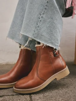 Next Forever Comfort® Faux Fur Lined Buckle Trim Ankle Boots Tan Brown Leather New