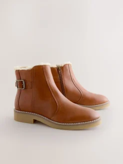 Next Forever Comfort® Faux Fur Lined Buckle Trim Ankle Boots Tan Brown Leather New