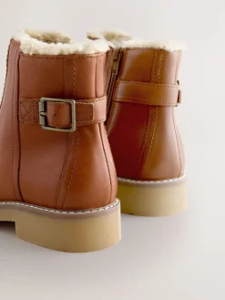 Next Forever Comfort® Faux Fur Lined Buckle Trim Ankle Boots Tan Brown Leather New