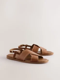 Next Standard/Wide Fit Stitched Slingback Sandals Tan Brown Leather Sale