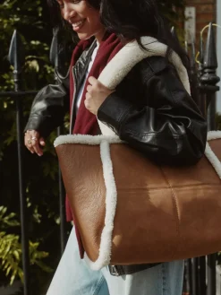 Next Tan Brown PU Borg Tote Bag Sale