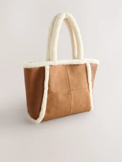Next Tan Brown PU Borg Tote Bag Sale
