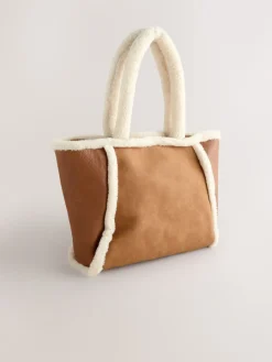 Next Tan Brown PU Borg Tote Bag Sale