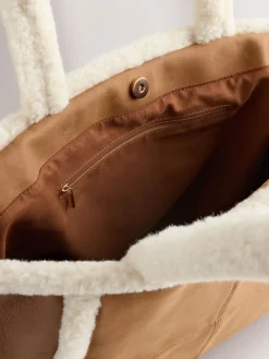 Next Tan Brown PU Borg Tote Bag Sale