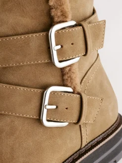 Next Standard/Wide Fit Forever Comfort® Double Buckle Faux Fur Lined Ankle Boots Tan Brown