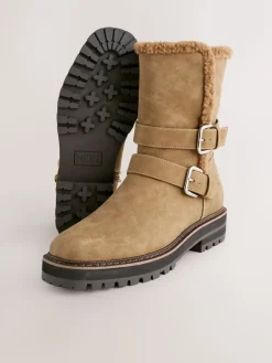 Next Standard/Wide Fit Forever Comfort® Double Buckle Faux Fur Lined Ankle Boots Tan Brown