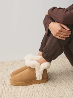 Next Suede Faux Fur Boot Slippers Tan Brown Clearance