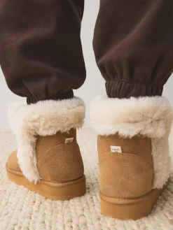 Next Suede Faux Fur Boot Slippers Tan Brown Clearance