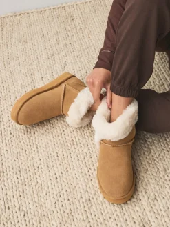 Next Suede Faux Fur Boot Slippers Tan Brown Clearance