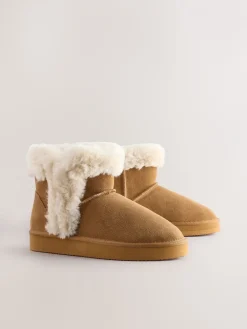 Next Suede Faux Fur Boot Slippers Tan Brown Clearance