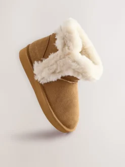 Next Suede Faux Fur Boot Slippers Tan Brown Clearance