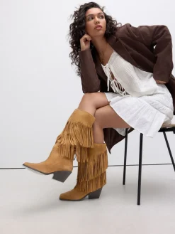Next Tan Brown Suede Forever Comfort® Fringed Knee High Cowboy Boots Best