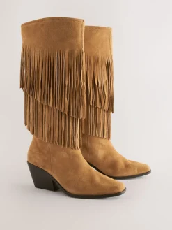 Next Tan Brown Suede Forever Comfort® Fringed Knee High Cowboy Boots Best