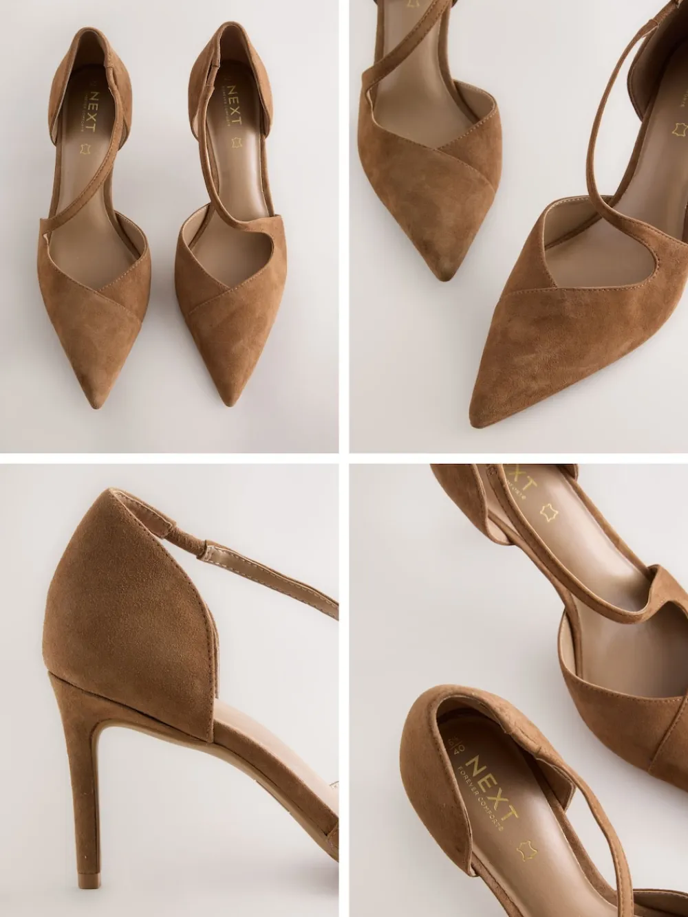 Next Premium Leather Asymmetric Court Heels Tan Brown Suede Hot
