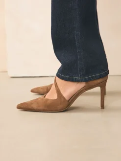 Next Premium Leather Asymmetric Court Heels Tan Brown Suede Hot