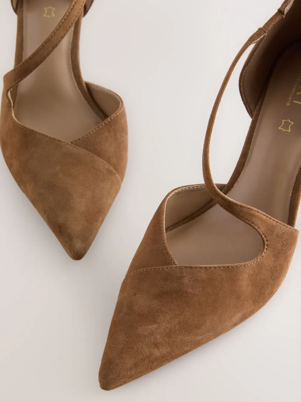 Next Premium Leather Asymmetric Court Heels Tan Brown Suede Hot