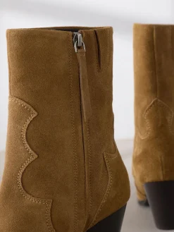 Next Signature Premium Leather Point Toe Block Heel Western Boots Tan Brown Suede