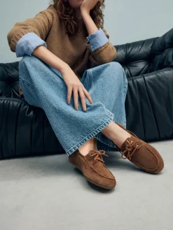 Next Standard Fit Leather Round Toe Boat Shoes Tan Brown Suede Sale