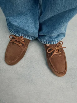 Next Standard Fit Leather Round Toe Boat Shoes Tan Brown Suede Sale