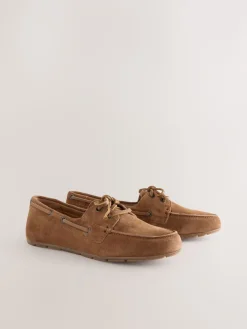 Next Standard Fit Leather Round Toe Boat Shoes Tan Brown Suede Sale