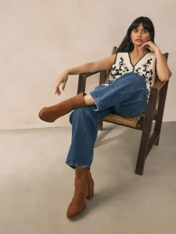 Next Western Block Heel Ankle Boots Tan Brown Suede Clearance