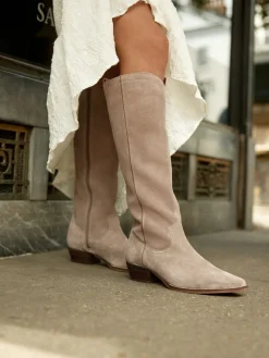 Next Forever Comfort® Knee High Contrast Western Boots Taupe Brown Suede Leather Mix Hot