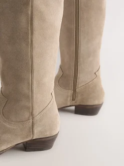 Next Forever Comfort® Knee High Contrast Western Boots Taupe Brown Suede Leather Mix Hot