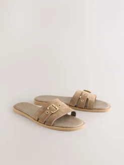 Next Buckle Mule Sandals Taupe Neutral Suede Hot
