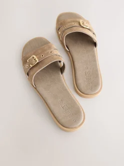 Next Buckle Mule Sandals Taupe Neutral Suede Hot