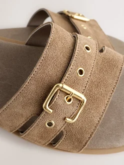 Next Buckle Mule Sandals Taupe Neutral Suede Hot
