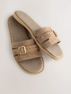 Next Buckle Mule Sandals Taupe Neutral Suede Hot