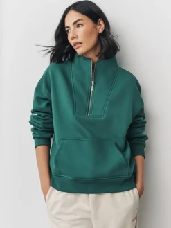 Next Relaxed Fit Heavyweight Cotton Rich Jersey Zip Neck Sweatshirt Teal Blue Discount