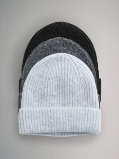 The Set 3 Pack Beanies Black/Grey Marl/Charcoal Grey New