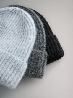 The Set 3 Pack Beanies Black/Grey Marl/Charcoal Grey New