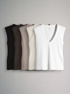 The Set 5 Pack Deep V-Neck Ribbed Vest Black/Brown/White/Cream Discount