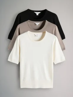 The Set 3 Pack Fine Knit T-Shirts Black/Neutral/Cream Clearance