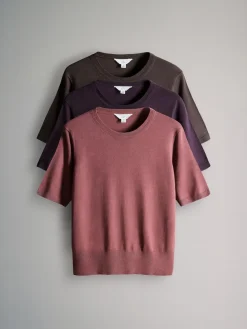 The Set 3 Pack Fine Knit T-Shirts Plum/Dark Pink/Brown Clearance