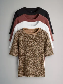 The Set 4 Pack Half Sleeve Fitted Crew Neck T-Shirts Black/White/Animal/Pink