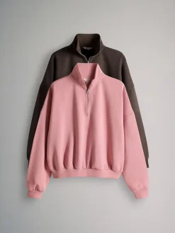 The Set 2 Pack Half Zip Funnel Neck Sweatshirts Pink/Chocolate Brown New