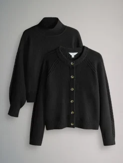 The Set 2 Pack High Neck Jumper/Cardigan Black Cable Sale