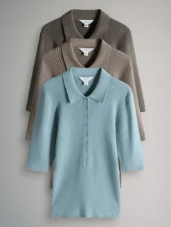 The Set 3 Pack Knitted Ribbed Polo Tops Brown/Neutral/Blue Best