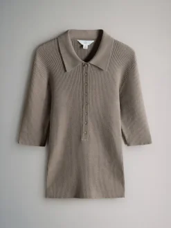 The Set 3 Pack Knitted Ribbed Polo Tops Brown/Neutral/Blue Best